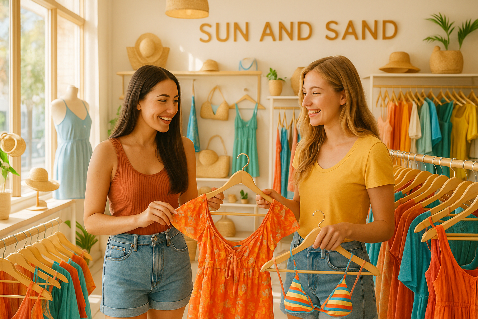 Two girls are shopping in a bright, airy women's clothing store called Sun and Sand. The store is filled with summer dresses, swimsuits, and beach accessories. The girls are looking at a rack of colorful clothing, smiling and chatting. The lighting is natural and warm, giving the scene a cheerful, relaxed feel.




Show thinking
